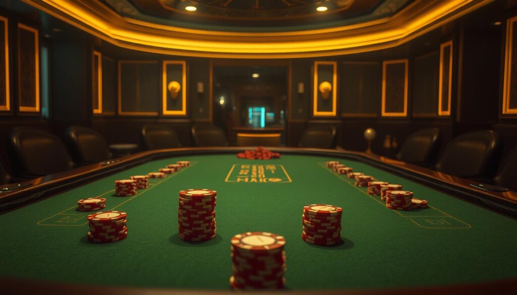 A dimly lit casino table, the green felt surface gleaming under soft golden lighting. Rows of poker chips in a variety of denominations sit neatly arranged, awaiting the decisive bets of skilled players. In the center, the iconic baccarat table with its curved edges and tapered legs, inviting experienced gamblers to explore the nuanced strategies of this time-honored game. The scene is infused with an air of sophisticated excitement, hinting at the thrill and precision of the various betting methods that define the art of baccarat.