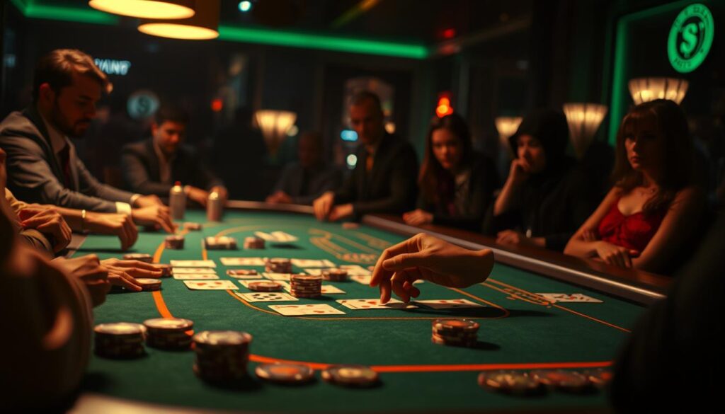 A dimly lit casino table, the green felt surface gleaming under warm, atmospheric lighting. In the foreground, the classic Baccarat arrangement of cards, chips, and the dealer's hands meticulously arranging the game. Surrounding the table, the blurred silhouettes of players, their faces obscured, focused on the unfolding drama of the cards. The scene exudes a sense of concentration and anticipation, capturing the essence of the ancient game of Baccarat and its timeless allure.