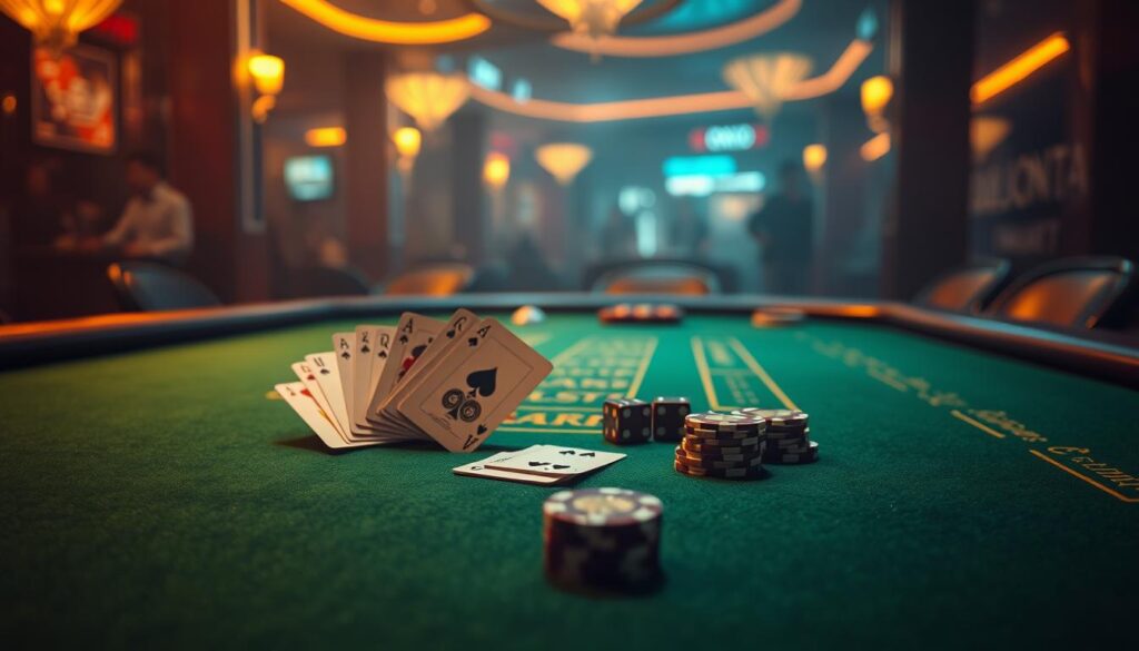 A dimly lit casino table, the green felt surface gleaming under warm, golden lighting. Fanned-out playing cards, poker chips, and a pair of dice sit atop the table, suggesting the allure of the classic Baccarat game. The background is hazy, with a subtle hint of the bustling casino environment, creating an atmosphere of excitement and anticipation. The scene captures the timeless elegance and strategic nature of this beloved game, reflecting the evolving trends and dynamics of Baccarat's enduring popularity among Taiwanese players.