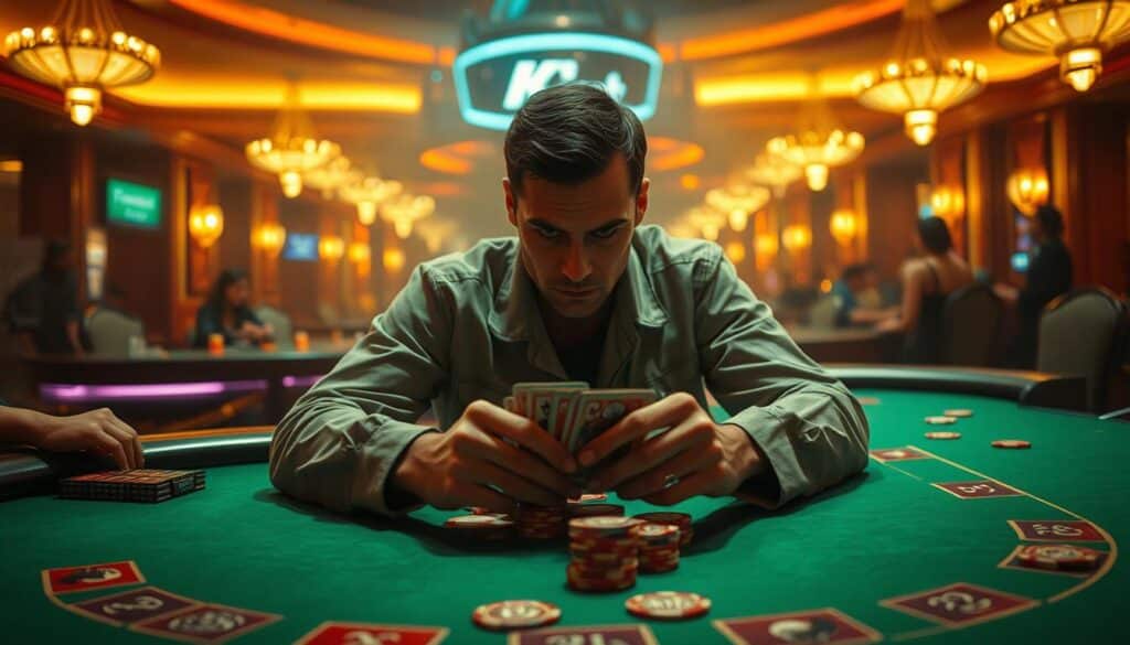 A dimly lit casino table, the green felt surface glimmering under the soft, warm lighting. At the center, a lone gambler sits, their face a mask of concentration, eyes narrowed as they study the cards and chips before them. The air is thick with tension, the sound of shuffling cards and the occasional chatter of the other players creating a hushed, intense atmosphere. The gambler's hands move with practiced precision, their every decision weighted, their emotions carefully concealed. Behind them, the casino's opulent decor fades into the background, the focus solely on the gambler's inner mental state as they navigate the high-stakes world of baccarat.