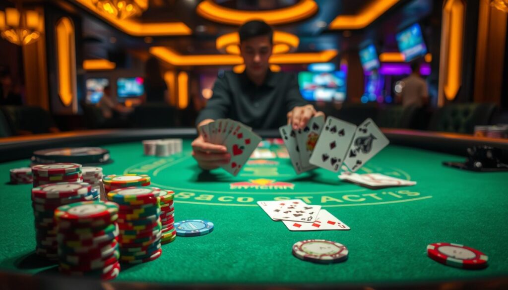 A dimly lit casino table, the green felt surface glowing under warm overhead lighting. In the foreground, stacks of colorful casino chips are neatly arranged, beckoning the players. Across the table, the iconic Baccarat cards are spread out, their intricate patterns and symbols visible. In the middle ground, the dealer's hands expertly manipulate the cards, demonstrating the game's mechanics. The background is slightly blurred, hinting at the bustling energy of the casino environment. The atmosphere is one of anticipation and excitement, inviting the viewer to learn the rules and strategies of this timeless game.