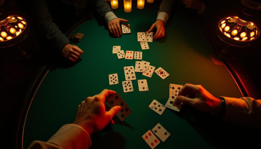 A dimly lit casino table, the green felt surface illuminated by the warm glow of overhead lamps. Experienced hands meticulously arrange playing cards, studying the patterns and counting the values with precision. The scene exudes an air of concentration and strategic contemplation, as the player engages in the art of baccarat card counting - a technique to gain an edge in this classic casino game. Shadows cast by the dealer and other players create a sense of depth, heightening the atmosphere of calculated risk and gambler's intuition. The camera angle is slightly elevated, capturing the table from an overhead perspective, allowing the viewer to bear witness to the intricate dance of cards and the player's keen observations.
