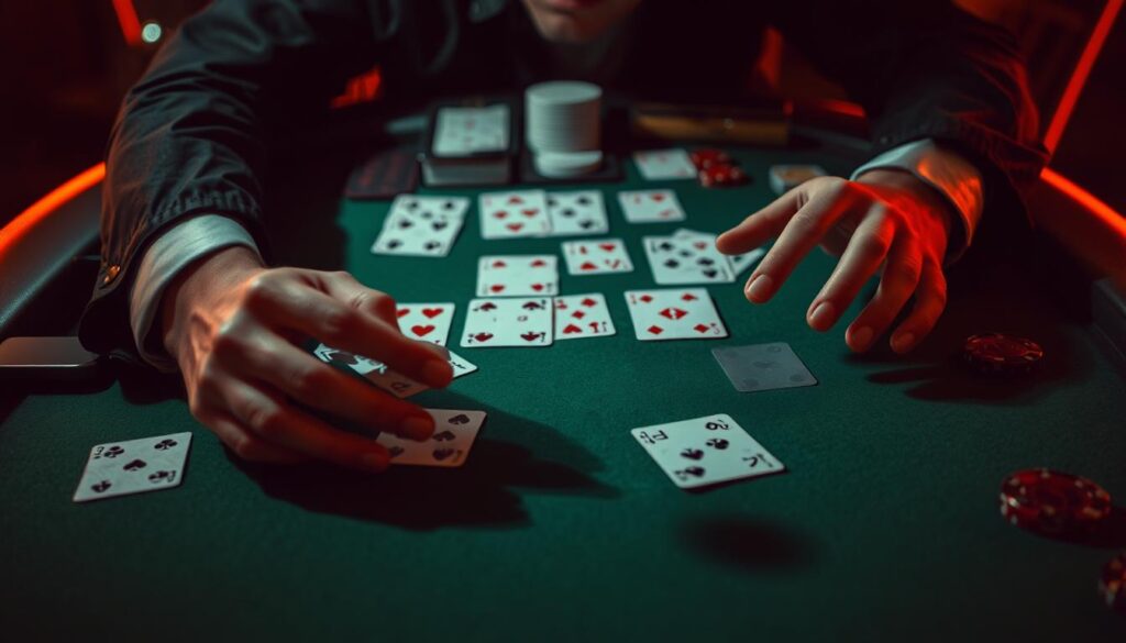A dimly lit casino table, the green felt surface illuminated by warm, diffused lighting. Atop the table, a set of playing cards arranged in a strategic layout, their patterns and values carefully analyzed. A skilled gambler's hands hover over the cards, studying the probabilities and patterns, their expression one of deep concentration as they weigh the odds and plan their next move. The background blurs, drawing the viewer's focus to the intricate interplay of cards and the player's intuitive mastery of the game mechanics - a visual representation of the "牌面計算 提升勝率" concept.