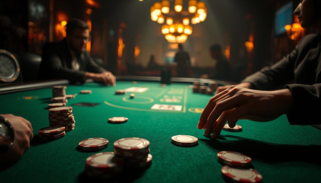 A dimly lit casino table, the green felt surface illuminated by warm, golden lighting. Poker chips in various denominations are scattered across the table, hinting at the strategic decisions being made. In the foreground, a player's hand is visible, thoughtfully considering their next move. The background is shrouded in a sense of mystery, with the silhouettes of other players adding to the atmosphere of calculated risk. The composition is balanced, with a focus on the tactical aspects of the game, conveying the essence of online casino gaming strategy.
