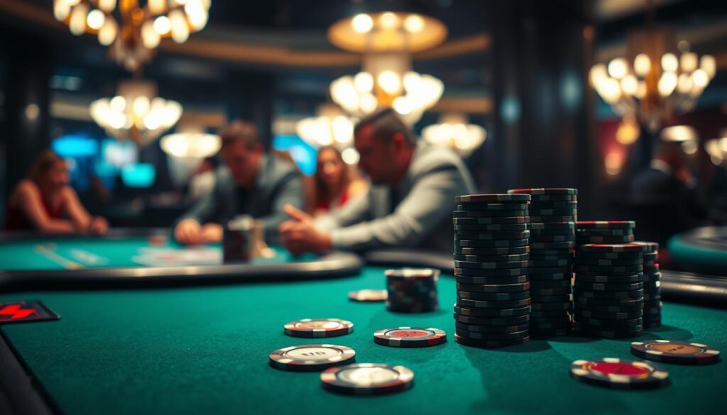 A dimly lit casino table, the green felt surface reflecting the glow of overhead lights. In the foreground, stacks of casino chips in various denominations sit neatly arranged, a testament to disciplined bankroll management. The background blurs into a hazy scene of players engrossed in the game of Baccarat, their expressions focused yet cautious. The atmosphere is one of calculated risk, where each bet must be weighed with care and precision. The lighting casts dramatic shadows, emphasizing the importance of making wise decisions in the pursuit of gaming success. This image captures the essence of responsible resource allocation, a crucial aspect of the Baccarat player's journey.