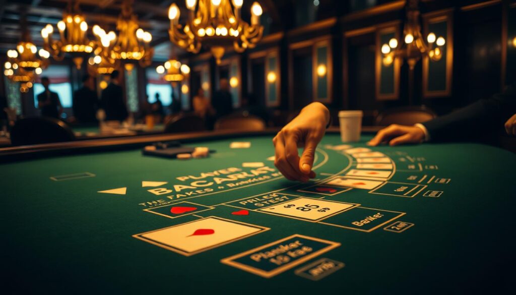 A dimly lit casino table, the green felt surface reflecting the warm glow of antique brass chandeliers overhead. On the table, a detailed diagram illustrates the rules of baccarat - the classic card game played with elegance and precision. The foreground showcases the table's layout, with clear markings for the player, banker, and tie bets. In the middle ground, a dealer's hand deals the cards, their movements precise and deliberate. The background hints at the bustling casino atmosphere, with the faint silhouettes of onlookers and the muted sounds of chips clinking. The overall scene conveys the strategic nature of baccarat, inviting the viewer to learn the intricacies of this timeless game.