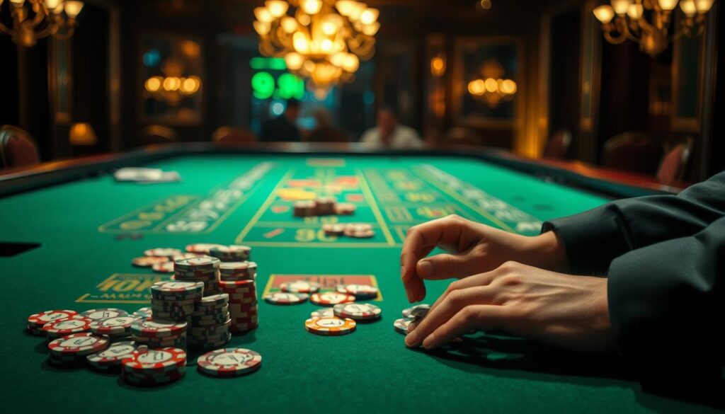A dimly lit casino table, the green felt surface reflecting the warm glow of overhead chandeliers. On the table, casino chips of various denominations are arranged in strategic patterns, hinting at intricate betting strategies. In the foreground, a pair of hands carefully manipulate the chips, their movements precise and calculated. The background is blurred, drawing the viewer's attention to the central focus - the mechanics of successful baccarat betting techniques. The image conveys a sense of concentration, expertise, and the thrill of high-stakes gambling.