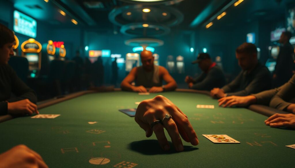 A dimly lit casino table, the green felt worn from decades of use. A player's hand rests confidently on the table, cards obscured from view. Surrounding the table, the shadowy silhouettes of other players, their expressions unreadable. The air is thick with tension, the only sound the gentle hum of the overhead lights. In the background, the faint glow of slot machines and the distant chatter of the crowd, creating an atmosphere of high-stakes excitement. The player's posture exudes a quiet determination, hinting at a mastery of the game honed through years of experience. The image conveys the essence of Texas Hold'em, where a single decisive move can make all the difference between triumph and defeat.