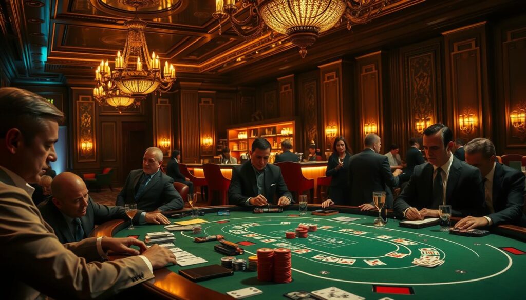 A dimly lit, elegant casino interior with ornate chandeliers casting a warm glow. In the foreground, a green baize-covered baccarat table with carefully arranged cards, chips, and other gaming paraphernalia. The table is surrounded by sophisticated-looking players, their facial expressions intense as they intently study the game. In the background, a luxurious bar area with a bartender mixing cocktails, and high-backed leather chairs where other players are engaged in animated discussion. The overall atmosphere is one of quiet intensity, with a focus on the strategic and analytical aspects of the game.