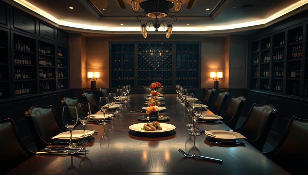 A dimly lit, elegant dining room with a long, polished wooden table set for a high-end culinary experience. Soft, warm lighting casts a inviting glow, highlighting the carefully arranged silverware, fine china, and delicate stemware. In the background, a well-stocked wine cellar with labels from renowned vineyards. The table is adorned with fresh flowers, candles, and a single, artfully plated dish at the center, emanating a sense of ritual and refined presentation. The scene evokes an atmosphere of sophistication, exclusivity, and reverence for the culinary arts.