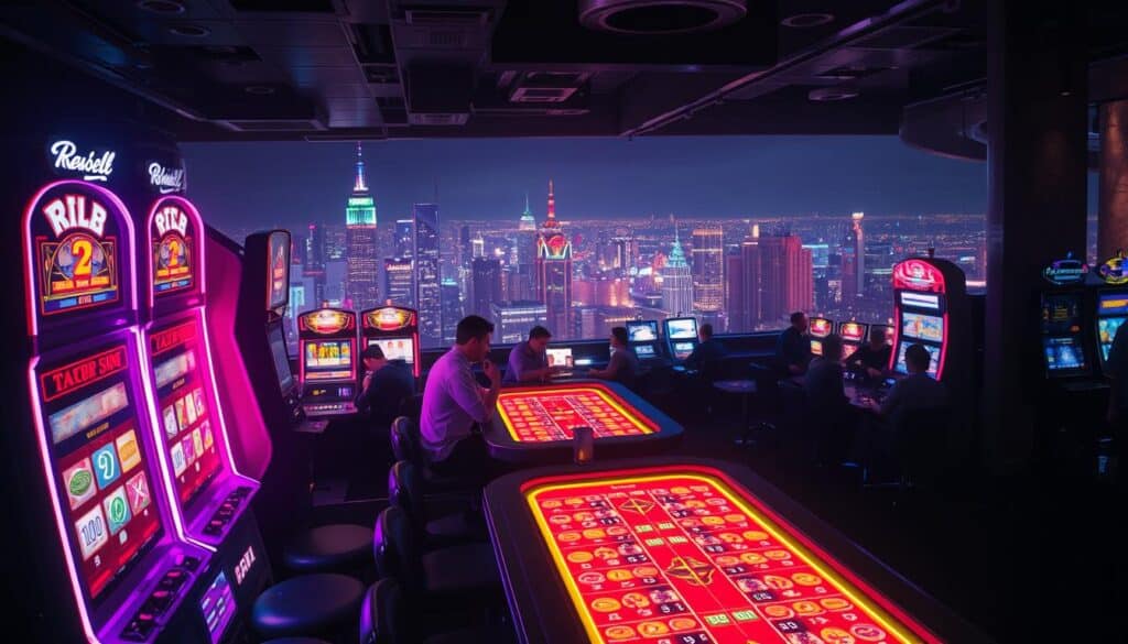 A dimly lit entertainment city casino, with neon-lit gaming tables and slot machines in the foreground. In the middle ground, players intensely focused on their games, studying odds and strategies. The background features a panoramic view of the bustling city skyline, hinting at the thrills and challenges of navigating the gaming world. Soft, dramatic lighting casts long shadows, creating an air of mystery and excitement. The scene conveys the expertise and techniques required to master the various casino games, from blackjack and roulette to slots and poker.