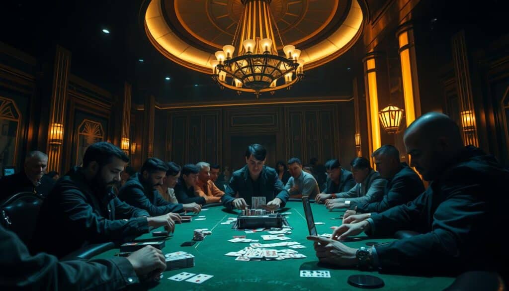 A dimly lit, high-stakes Texas Hold'em poker tournament hall, with a large green felt table surrounded by players intently studying their cards. Overhead, a grand chandelier casts a warm glow, while the walls are adorned with sleek, modern art deco designs. In the foreground, a dealer expertly shuffles and deals the cards, their movements precise and calculated. The atmosphere is electric, filled with the anticipation of big bets, bluffs, and the thrill of the game. Ambient sounds of chips clicking and hushed conversations create an immersive, high-tension experience. The camera angle is slightly elevated, capturing the intense expressions of the players as they weigh their options and strategize their next moves.
