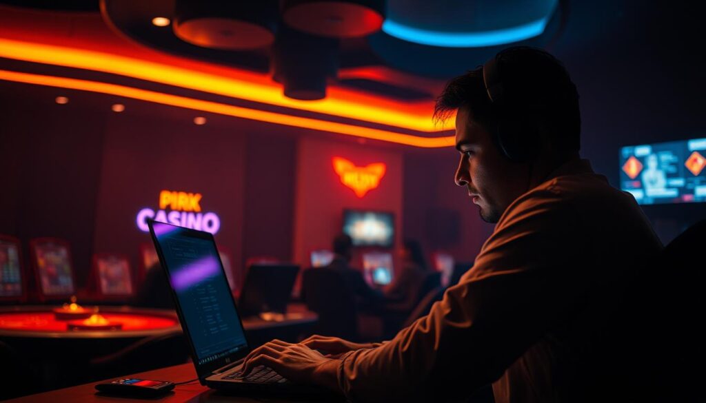 A dimly lit interior of an online casino, with a player sitting at a desk, intently focused on a laptop screen. The room is bathed in a warm, amber glow, creating a sense of concentration and intensity. The player's face is partially obscured, emphasizing the anonymity and detachment of online gambling. In the background, subtle details like blinking lights and digital displays suggest the underlying technology that powers the virtual casino experience. The scene conveys the solitary, immersive nature of online gambling, inviting the viewer to ponder the motivations and behaviors of the modern-day casino consumer.