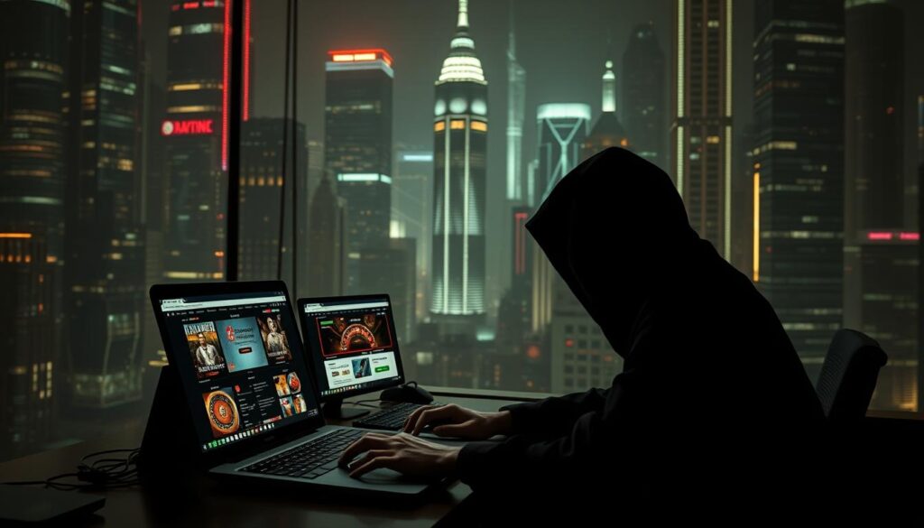 A dimly lit office, the air thick with tension. On the desk, a laptop displays a flurry of browser tabs, each one a facade of a fake online casino. In the foreground, a shadowy figure, the face obscured, hunches over the keyboard, fingers flying as they orchestrate a web of deceit. The background is a maze of neon-lit skyscrapers, a stark contrast to the sinister activities unfolding within. The scene is ominous, a stark warning of the risks posed by unscrupulous online casino agents, their deception cloaked in the allure of easy money.