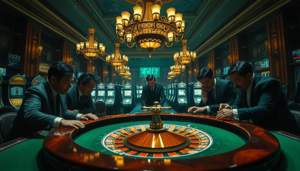A dimly lit, opulent Macau casino interior, with a focal point on a roulette table in the foreground. The table is adorned with plush green felt, gleaming wooden accents, and chrome detailing. Around the table, smartly dressed players lean in, intently focused on their chips and the spinning wheel. The middle ground features rows of slot machines, their screens casting a soft glow onto the faces of the engrossed gamblers. In the background, ornate chandeliers hang from a high, gilded ceiling, casting a warm, ambient light over the scene. The overall atmosphere conveys a sense of strategic contemplation, with an air of controlled intensity and calculated risk-taking.