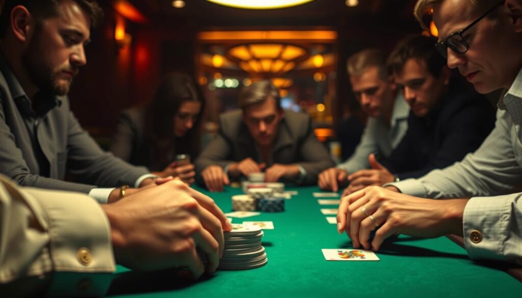A dimly lit poker table, green felt surface illuminated by warm overhead lighting. In the foreground, a dealer's hands skillfully shuffling a deck of cards, fingers nimble and precise. Surrounding the table, players lean in, faces etched with concentration, their expressions a study in strategic contemplation. The background blurs, creating a sense of focus on the high-stakes game unfolding. The atmosphere is charged with anticipation, the air thick with the thrill of the competitive spirit. Shadows and highlights accentuate the tension, as players weigh their options, ready to make the moves that could turn the tide of the match.