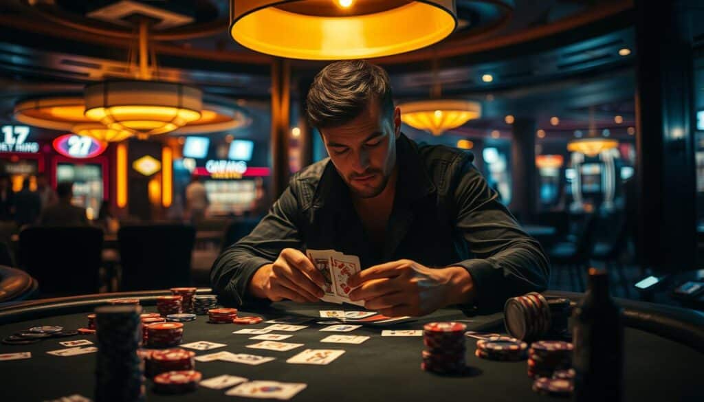 A dimly lit poker table in a high-end casino, with a skilled player studying their cards intently. The table is surrounded by an array of poker chips, cards, and other gaming accessories, creating a sense of focus and intensity. The player's face is partially obscured by shadows, conveying a stoic, analytical expression as they contemplate their next move. The table is illuminated by a warm, overhead light, casting a glow on the player's hands and the cards they hold. In the background, the faint silhouettes of other players and the hustle and bustle of the casino create a sense of atmosphere and context. The image should evoke a sense of mastery, strategy, and the journey to becoming a skilled Texas Hold'em player.
