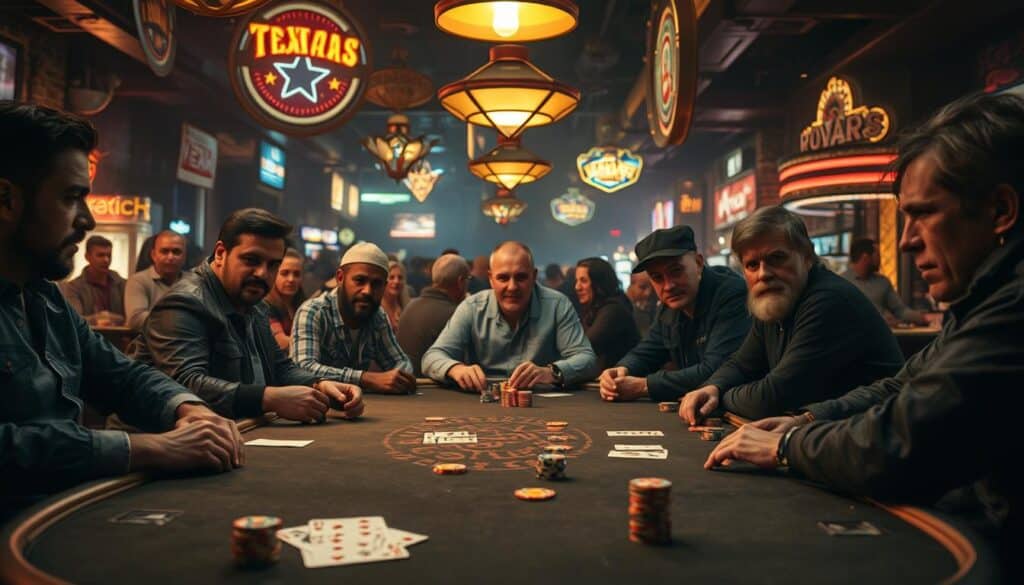 A dimly lit poker table in the heart of a bustling Texas casino, surrounded by a diverse community of seasoned players. In the foreground, the felt-covered surface is adorned with a classic deck of cards, poker chips, and the tell-tale signs of an intense game in progress. The middle ground features the players themselves, their expressions a mix of concentration, camaraderie, and a touch of friendly rivalry. In the background, the ambient glow of neon signs and the muted chatter of onlookers create an atmosphere of excitement and anticipation, capturing the essence of the Texas poker culture. The scene is illuminated by a warm, golden light, casting subtle shadows and highlighting the intricate details of the setting.