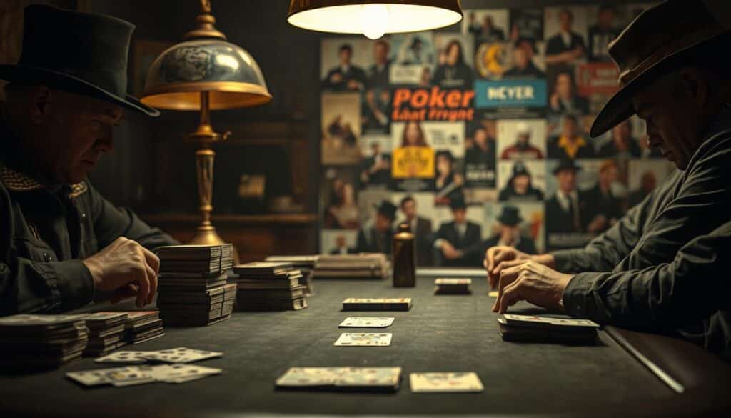 A dimly lit poker table set against a vintage backdrop, with a faint sepia tone evoking the historical origins of Texas Hold'em. Stacks of worn playing cards, a tarnished brass lamp, and the weathered faces of seasoned players lost in concentration. In the middle ground, a timeline unfolds, tracing the game's evolution from its early roots in the American South to its modern global phenomenon. The background blurs into a collage of iconic poker tournaments and championship moments, capturing the rich tapestry of this iconic card game's development over the decades.