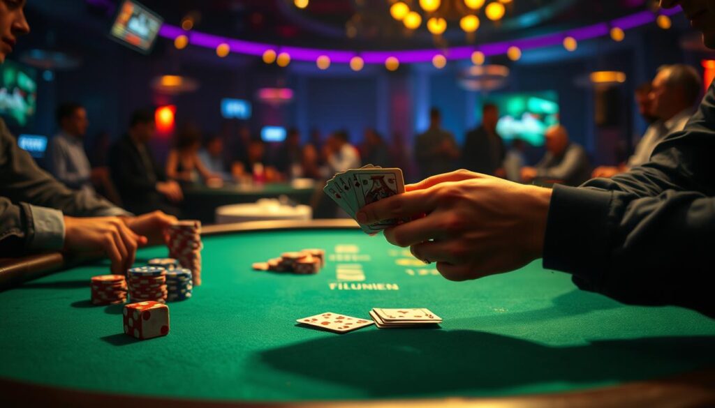 A dimly lit poker table sits in the center of the frame, green felt surface inviting players to take their seats. On the table, a stack of poker chips, a deck of cards, and a pair of dice suggest the impending game. In the foreground, a player's hands meticulously shuffle the cards, their movements precise and experienced. The background is slightly blurred, hinting at the bustling atmosphere of a Texas Hold'em tournament, with spectators eagerly awaiting the start of the competition. The lighting is warm and subtle, creating an air of anticipation and intensity. The overall mood is one of focused preparation, as the player readies themselves for the high-stakes challenge ahead.