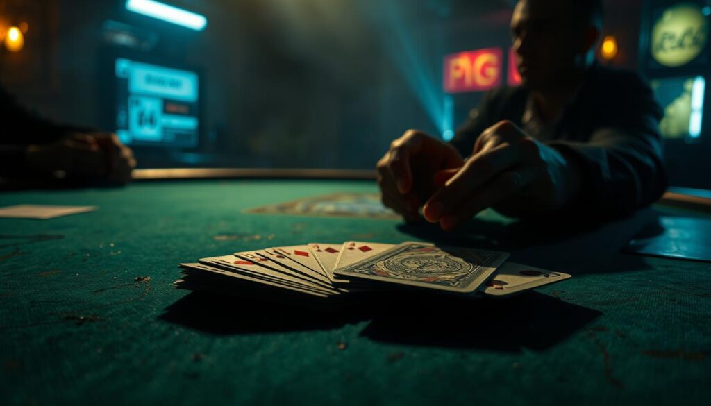 A dimly lit poker table, the cards on it casting long shadows. In the foreground, a hand of cards is spread out, the player's fingers resting lightly on the edges. The cards are crisp and detailed, their value and suit clearly visible. In the middle ground, the table surface is worn and weathered, with a green felt surface that has seen many games. The background is hazy, with a sense of depth and atmosphere, suggesting a high-stakes poker game in a dimly lit casino or club. The lighting is dramatic, with pools of light and shadow creating a sense of tension and focus on the cards. The overall mood is one of strategic evaluation, the player carefully considering their options and the potential outcomes of their play.