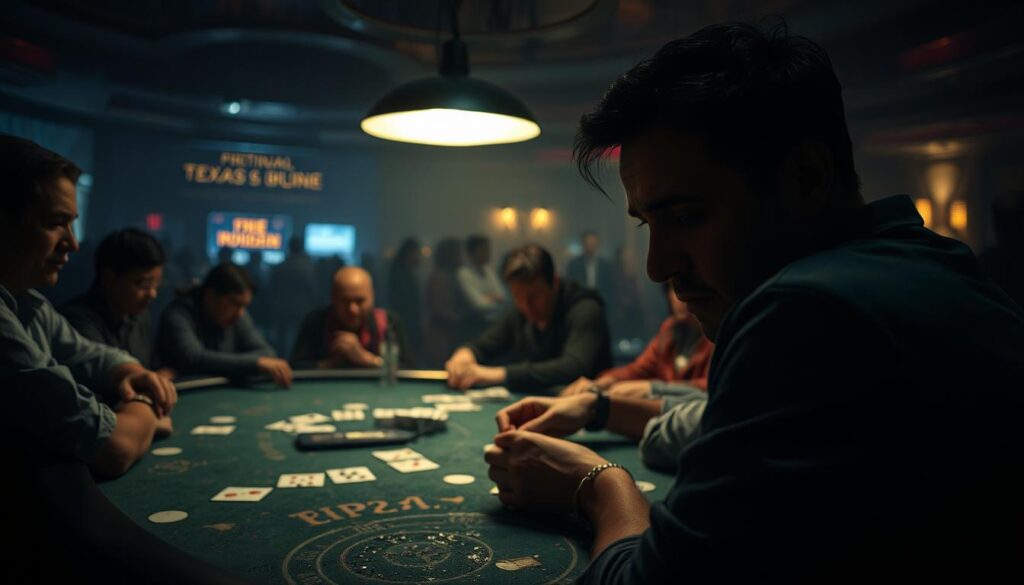 A dimly lit poker table, the felt surface worn and weathered. Players sit in intense focus, their expressions and body language revealing subtle tells. The dealer's hands shuffle the cards with practiced precision, the sound echoing through the hushed room. In the foreground, a player's face is illuminated by the soft glow of a single lamp, their eyes scanning the table, searching for any sign of weakness or deception. The background is hazy, with the crowd of onlookers and the faint outline of the casino's interior creating a sense of atmosphere and tension. The lighting is dramatic, casting deep shadows and highlighting the intensity of the moment, as the players engage in the high-stakes game of Texas Hold'em, each move a calculated attempt to outmaneuver their opponents.