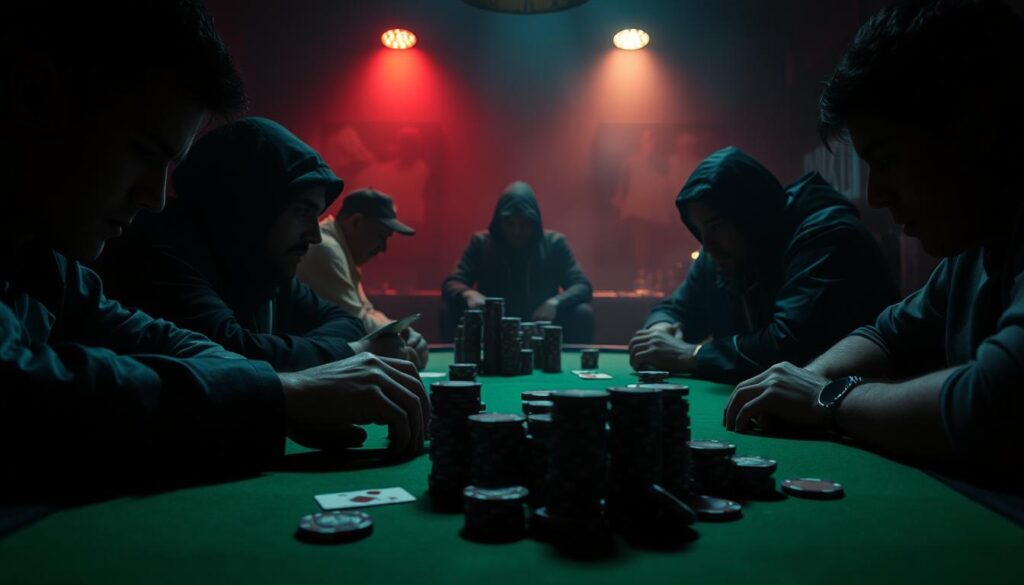 A dimly lit poker table, the green felt surface casting a soft glow. In the foreground, players' faces are shrouded in strategic contemplation, their eyes narrowed, revealing the mental chess match unfolding. The middle ground showcases the high-stakes game, cards fanned out, chips stacked high. In the background, a hazy atmosphere of tension and anticipation permeates the scene, as the players navigate the psychological landscape of Texas Hold'em. Dramatic chiaroscuro lighting accentuates the intensity, with shadows and highlights emphasizing the gravity of each decision. This image encapsulates the mental warfare that defines the strategic essence of the game.