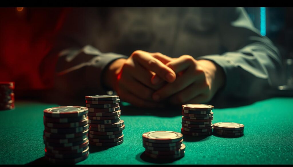 A dimly lit poker table, the green felt surface casting a warm glow. In the foreground, a stack of poker chips in various denominations, each chip a symbol of strategy and calculated risk. The middle ground features a pair of hands, the fingers interlaced, the knuckles whitening as the player contemplates their next move. Surrounding the table, the background is hazy, suggesting the concentration and intensity of the game. Shadows dance across the scene, creating a sense of depth and mystery. The lighting is dramatic, creating sharp contrasts and highlighting the players' expressions, revealing the psychology of the game - the bluffs, the tells, the intuition that guides each decision.