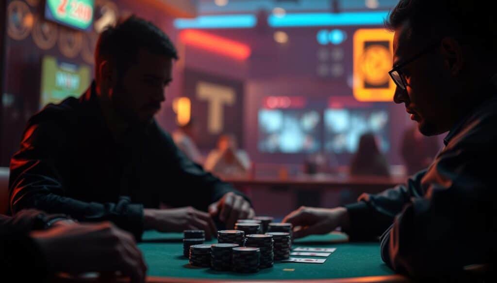 A dimly lit poker table, the green felt surface casting a warm glow. In the foreground, two players engaged in a tense game, their faces cast in shadow, expressions unreadable. Stacks of chips and a deck of cards sit between them, hinting at the high-stakes strategy at play. The background is blurred, drawing the viewer's focus to the intense, analytical expressions of the players as they carefully consider their next move, each trying to discern the other's hidden intentions. The image conveys the essence of the "分析對手的策略" section, where mastering the art of reading your opponent is the key to success in the high-stakes world of Texas Hold'em poker.