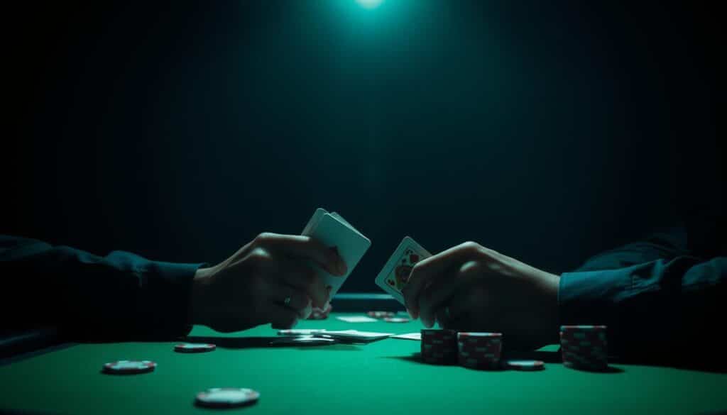 A dimly lit poker table, the green felt surface dimly illuminated by a single spotlight overhead. On the table, poker chips in various denominations are scattered, hinting at a high-stakes game in progress. In the foreground, a player's hands are visible, meticulously examining their cards, the tension and concentration palpable. The background is shrouded in shadows, creating an atmosphere of intensity and strategic decision-making. The scene conveys the essence of a real-world poker scenario, where each move and card play can determine the outcome of the game. The lighting and composition draw the viewer's attention to the critical moment of analysis and decision-making, capturing the essence of the "實戰案例" section.