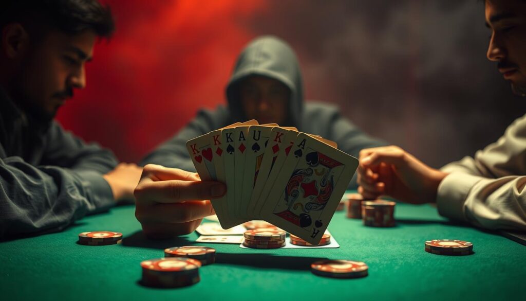 A dimly lit poker table, the green felt surface illuminated by soft, warm lighting that casts subtle shadows across the cards and chips. In the center, a hand of cards is held up, revealing a strategic combination of high-value poker cards. The players' faces are obscured, their attention focused intently on the cards, studying the patterns and probabilities that could determine the outcome of the game. The background is hazy, creating a sense of intensity and concentration, as the players weigh their options and devise their next moves, utilizing the techniques of Texas Hold'em poker hand reading.