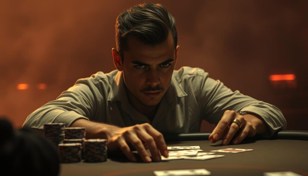A dimly lit poker table with a stack of poker chips, cards, and a focused player's hands. The table is surrounded by a hazy, atmospheric background, creating a sense of concentration and strategy. Soft, warm lighting casts shadows across the table, emphasizing the intensity of the game. The player's expression is determined, their eyes narrowed in concentration as they carefully consider their next move. The image should convey the essence of the game, the skills required to succeed, and the subtle techniques that can elevate a player's chances of winning at Texas Hold'em poker.