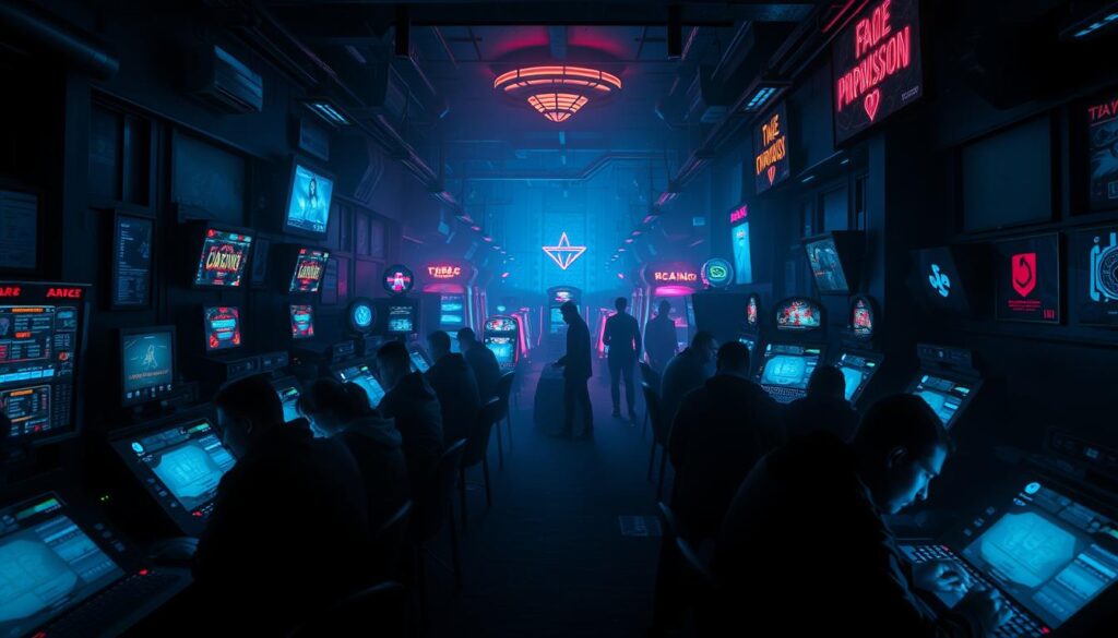 A dimly lit, seedy online casino bustling with deceptive activity. In the foreground, shadowy figures hunched over glowing screens, their faces illuminated by the eerie blue glow of rigged games. The middle ground reveals a labyrinth of false promises and temptations, luring unsuspecting players with the allure of easy money. The background is shrouded in a haze of uncertainty, symbolizing the hidden dangers and devastating consequences that lurk beneath the surface of this fraudulent establishment. The scene is bathed in an ominous, neon-tinged atmosphere, conveying a sense of unease and the overwhelming risk of falling victim to the predatory tactics of this "entertainment" venue.