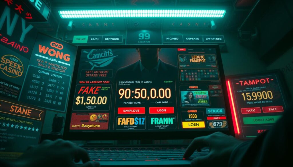A dimly lit, seedy online gambling casino website with a heavily stylized, neon-soaked aesthetic. The homepage is cluttered with flashy advertisements, fake jackpot countdowns, and suspicious-looking login buttons. The overall design feels cheap and untrustworthy, hinting at the potential for fraud and deception. In the background, shadowy figures lurk, creating an atmosphere of unease and danger. The camera angle is slightly low, adding a sense of foreboding as the viewer is drawn into this dubious virtual underworld. Dramatic, moody lighting casts harsh shadows, emphasizing the shady nature of the enterprise. The overall mood is one of seduction and peril, luring the unwary into a web of deceit.