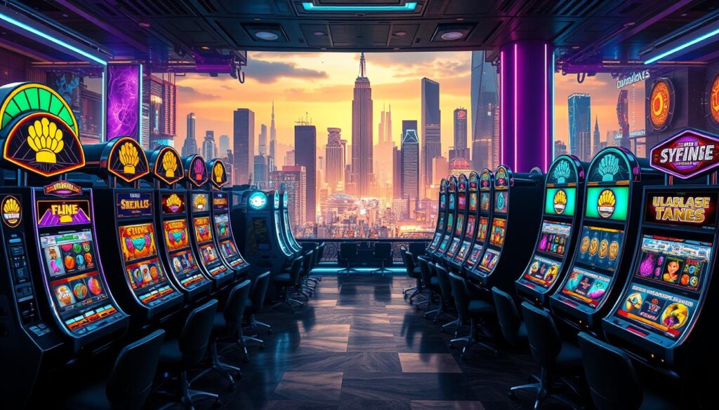 A diverse array of online slot machines, meticulously rendered in a vibrant, immersive casino environment. The foreground showcases an assortment of slot reels, each with distinct themes and symbols, glowing with captivating animations. In the middle ground, a panoramic view of the casino floor, adorned with neon lights, glossy surfaces, and the subtle hum of digital machinery. The background features a towering, futuristic cityscape, the skyline punctuated by towering skyscrapers and the warm glow of virtual illumination. The overall scene exudes a sense of excitement, innovation, and the thrill of modern online gaming.