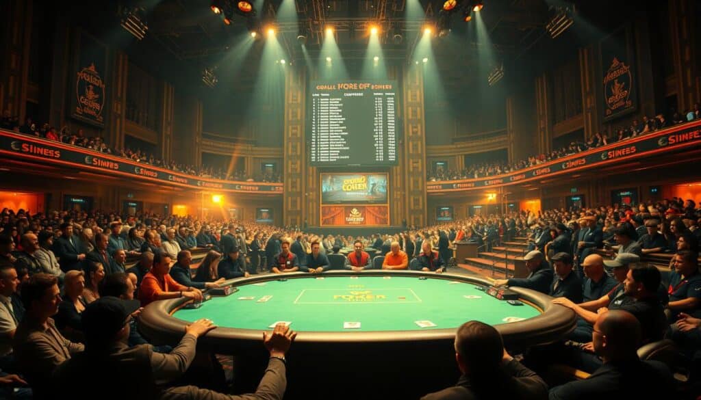 A dramatic high-angle shot capturing the global spectacle of the World Series of Poker and its elite circuit. In the foreground, a pristine green poker table is illuminated by warm, cinematic lighting, setting the stage for the intense competition. Surrounding the table, a packed audience of spectators leans in, their faces alight with anticipation. In the middle ground, a towering scoreboard displays the tournament standings, while in the background, the grand architecture of the event's venue fills the frame, conveying the scale and prestige of this world-class poker extravaganza. An atmosphere of high-stakes drama, skill, and triumph permeates the scene.