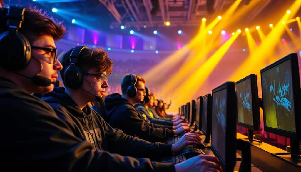 A dynamic esports tournament live-streamed in high definition, with colorful stage lighting illuminating the focused expressions of professional gamers engaged in intense competition. The camera angles capture the energy and excitement of the event, showcasing the sleek gaming rigs and vivid in-game visuals. In the background, a packed auditorium of cheering spectators creates an electric atmosphere, reflecting the rising popularity and mainstream appeal of esports. Crisp, cinematic rendering with a sense of cinematic grandeur, emphasizing the scale and spectacle of this burgeoning digital entertainment industry.