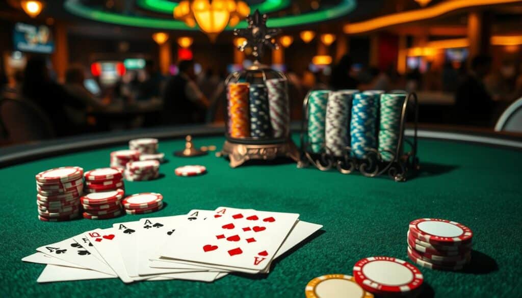 A finely detailed tabletop scene showcasing the classic rules of Texas Hold'em poker. The green felt surface is illuminated by warm, indirect lighting, casting subtle shadows across the felt and cards. In the foreground, a collection of poker chips in various denominations are neatly stacked, alongside a dealt hand of cards revealing the basic card combinations and hand rankings. In the middle ground, an ornate, antique-style dealer's chip rack holds a variety of colorful chips, while in the background, a subtly blurred image of a crowded casino floor sets the atmosphere of an intense, high-stakes poker tournament.