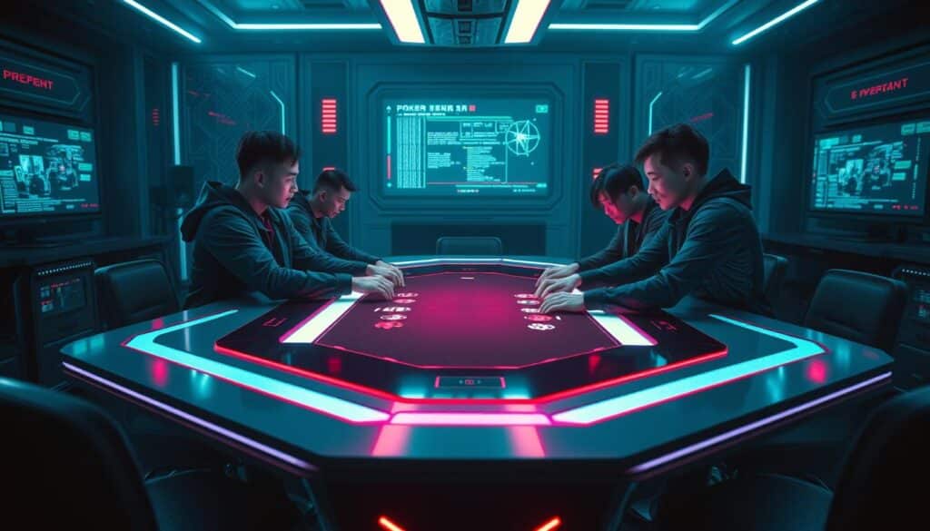 A futuristic, high-tech poker table with a sleek, minimalist design. The table is set against a backdrop of glowing digital displays and a seamless integration of computer hardware and software. The players are engaged in an intense game, their faces illuminated by the table's integrated lighting, creating a sense of focus and determination. The room is bathed in a cool, subdued color palette, heightening the sense of technological advancement. The overall scene conveys the idea of a cutting-edge, AI-powered poker experience, where the boundaries between human skill and machine intelligence are blurred.