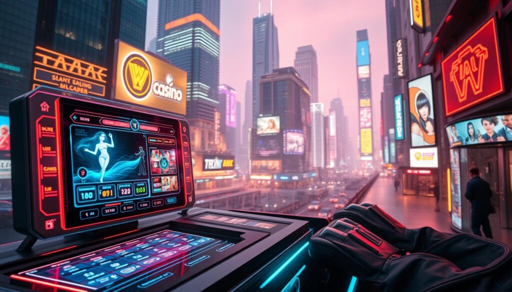 A futuristic online casino game interface, featuring sleek transparent screens, dynamic neon-lit menus, and intuitive touch-based controls. The gameplay is seamlessly integrated, with a smooth and responsive user experience. The background showcases a cityscape with towering skyscrapers, holographic billboards, and a vibrant nighttime ambiance, reflecting the convenience and accessibility of this new era of entertainment. The scene is illuminated by a warm, diffused lighting, creating a sense of immersion and modern luxury. The overall composition emphasizes the technological advancements and user-friendly nature of online casino gaming, setting it apart from traditional brick-and-mortar establishments.