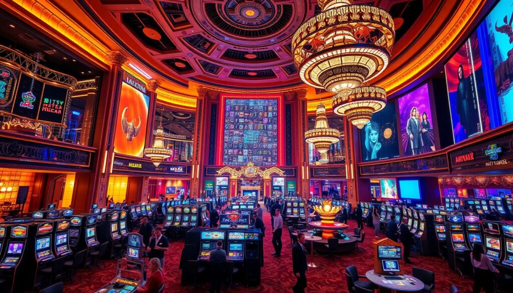 A grand and opulent casino complex set within the vibrant Macau skyline. A prestigious facade of gleaming glass and steel, illuminated by warm, inviting lighting. The interior exudes an atmosphere of decadence and grandeur, with lavish chandeliers, ornate columns, and plush carpets. Slot machines and gaming tables fill the expansive floor, surrounded by high-end restaurants, VIP lounges, and entertainment venues. Elegant patrons mingle, captivated by the thrilling energy and luxurious ambiance of this world-class casino destination.