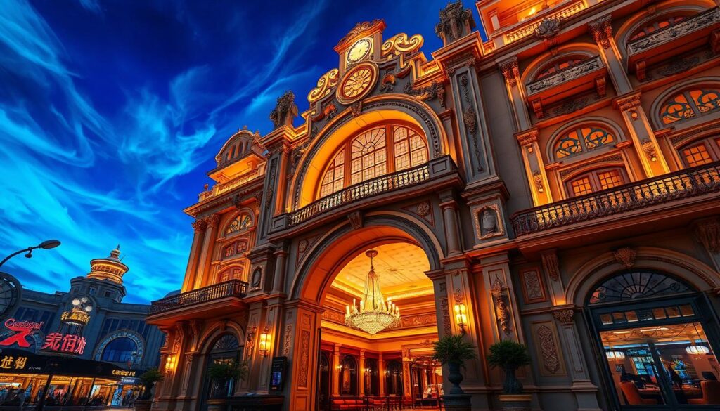 A grand and ornate casino facade with intricate architectural details, adorned with elegant stone columns, ornate balconies, and gilded accents. The entrance is framed by a towering archway, leading to a grand lobby filled with opulent chandeliers and plush furnishings. The scene is bathed in a warm, inviting glow from the soft, ambient lighting, creating an atmosphere of luxury and sophistication. In the background, the sky is a vibrant, saturated blue, with wispy clouds adding depth and dimension to the scene. The overall composition conveys a sense of grandeur and exclusivity, reflecting the prestige and allure of the "大老爺娛樂城".