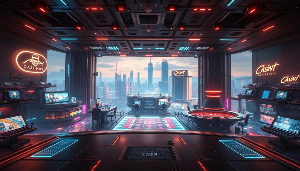 A grand online entertainment complex, a digital wonderland of endless possibilities. In the foreground, a sleek, modern gaming interface invites users to explore a world of thrilling casino games, immersive virtual experiences, and vibrant social interactions. The middle ground features a seamless blend of neon-lit landscapes and holographic displays, creating a futuristic ambiance. In the background, a panoramic cityscape backdrop sets the stage, with towering skyscrapers and a dynamic skyline, hinting at the scale and sophistication of this cutting-edge entertainment destination. Soft, warm lighting bathes the scene, evoking a sense of excitement and anticipation. A clean, minimalist aesthetic permeates the image, reflecting the refined elegance of this top-tier online entertainment hub.