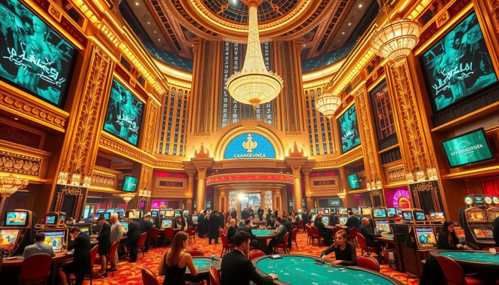 A grand, opulent casino in the heart of Macau, the "Las Vegas of Asia". The towering facade shimmers with golden accents, intricate architectural details, and neon lights that beckon gamblers. The interior is a feast for the senses - luxurious chandeliers cast a warm glow, plush carpets muffle the sounds of clinking glasses and shuffling cards, and the air is thick with the scent of fine cigars. Glamorous high-rollers and well-dressed patrons fill the gaming tables, their faces alight with the thrill of chance. The mood is electric, a perfect balance of excitement and exclusivity. Sweeping wide-angle shots capture the grand scale and opulence, while tighter framing highlights the dynamic energy and individual experiences within this iconic Macau casino.
