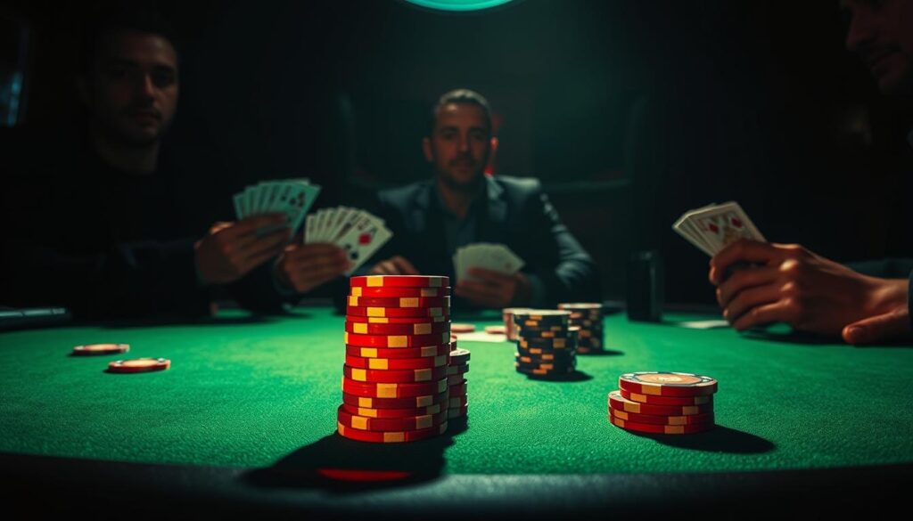 A high-contrast, cinematic poker table scene with a dramatic, moody atmosphere. In the foreground, a stack of poker chips in vibrant primary colors sit on the green felt surface, casting dramatic shadows. In the middle ground, the hands of players holding a variety of playing cards are visible, their faces obscured in shadow. In the background, dimly lit figures sit around the table, their expressions unreadable. Dramatic side lighting creates deep shadows and highlights the tension of the game. The scene is rendered in a stylized, almost comic book-like aesthetic, evoking the classic visual language of poker and gambling.