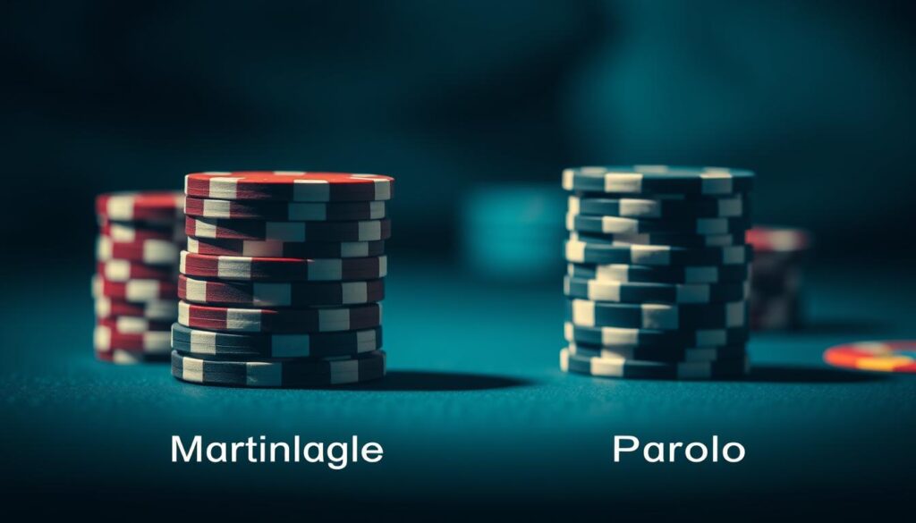 A high-contrast, macro-style image depicting a detailed comparison between the Martingale strategy and the Paroli strategy in baccarat. The frame is centered on two stacks of casino chips, one representing the Martingale method and the other the Paroli. The chips are sharply focused, with a shallow depth of field blurring the background. Dramatic side lighting casts dramatic shadows, creating a moody, analytical atmosphere. The image is captured from a slightly elevated angle, giving a sense of authority and technical examination. The overall composition conveys a clinical, data-driven analysis of the two betting systems.