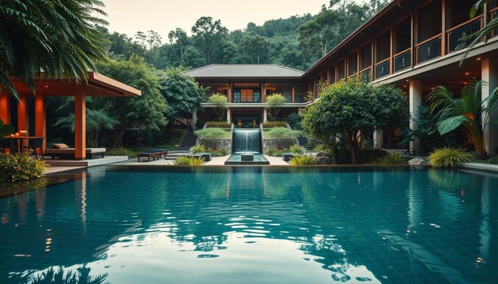 A high-end spa resort nestled in a lush, verdant landscape. In the foreground, a tranquil infinity pool reflects the surrounding greenery and a modern, minimalist pavilion with clean lines and natural materials. The middle ground showcases a serene walkway leading to a central courtyard, where cascading water features and carefully curated plantings create a soothing ambiance. The background reveals a harmonious blend of traditional architectural elements and contemporary design, evoking a sense of timeless elegance. Warm, diffused lighting enhances the relaxing atmosphere, while strategic camera angles and a shallow depth of field draw the viewer's focus to the immersive, holistic experience.