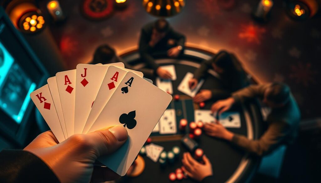 A high-quality image depicting the basic rules of Texas Hold'em poker. In the foreground, a close-up view of a player's hand, showcasing the classic poker hand combinations - a royal flush, a full house, a straight, and a pair. In the middle ground, a detailed overhead view of a poker table, with players engaged in gameplay, chips and cards scattered across the felt surface. In the background, a subtle backdrop of playing card suits and poker-themed elements, creating a sophisticated, casino-inspired atmosphere. The lighting should be warm and inviting, with a focus on capturing the elegant and strategic nature of the game. The overall composition should convey the essential principles and mechanics of Texas Hold'em in a visually engaging and informative manner.