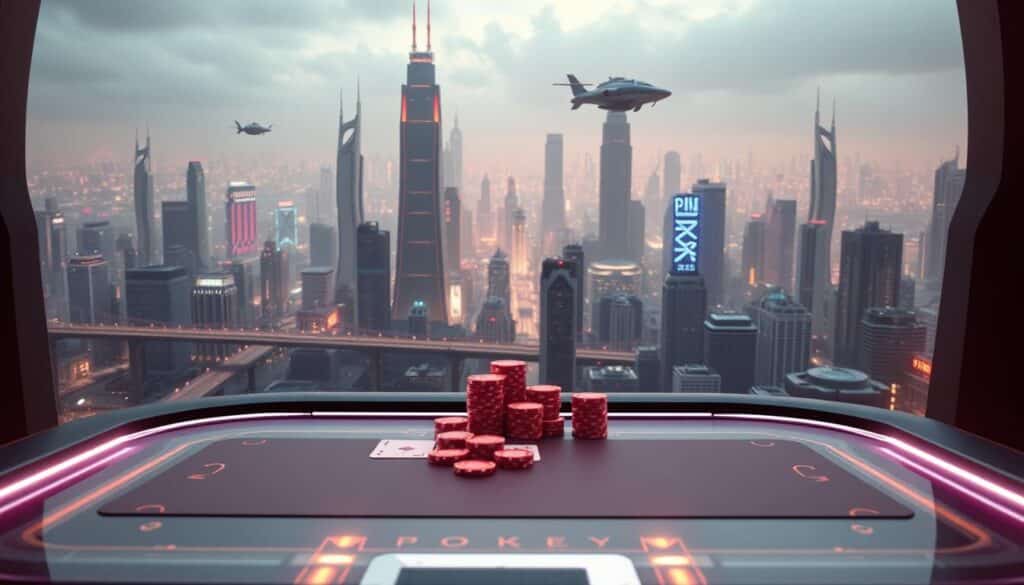 A high-resolution 3D illustration of a digital poker table set against a futuristic cityscape. The table is made of sleek, translucent materials, with holographic chips and cards floating above its surface. The background features a sprawling metropolis of towering skyscrapers, neon-lit bridges, and hovering vehicles, all bathed in a warm, cyberpunk-inspired color palette. The scene conveys a sense of technological advancement, immersion, and the merging of physical and virtual realms in the world of online poker.