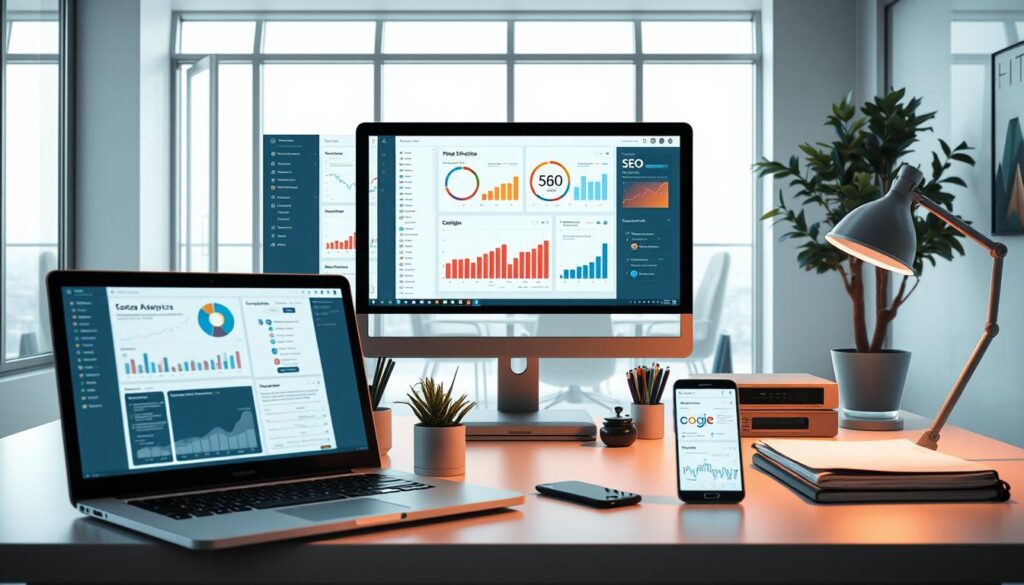 A high-resolution digital rendering of a clean, well-organized workstation displaying various SEO tools and analytics dashboards. The foreground features a laptop computer, a desktop monitor, and a smartphone, all showcasing different SEO-related software interfaces. The middle ground includes a desk with various office supplies and a potted plant, creating a professional, productive atmosphere. The background depicts a minimalist, modern office setting with large windows allowing natural light to flow in, creating a calm and focused ambiance. The overall scene conveys the efficiency and importance of SEO tools in enhancing online visibility and performance.